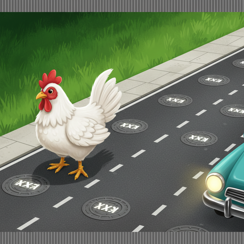 Personnage poulet blanc avec crête rouge et pattes dorées attendant de traverser la route dans Chicken Road 2