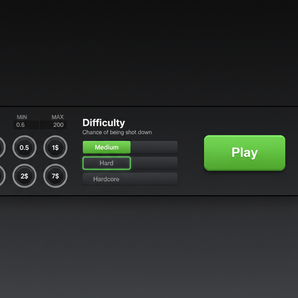 Panneau de contrôle de Chicken Road 2 avec boutons de mise rapide 0.5, 1, 2 et 7 dollars et sélecteur de difficulté