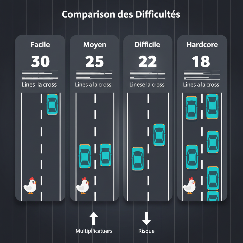 Comparaison graphique des 4 niveaux de difficulté de Chicken Road 2