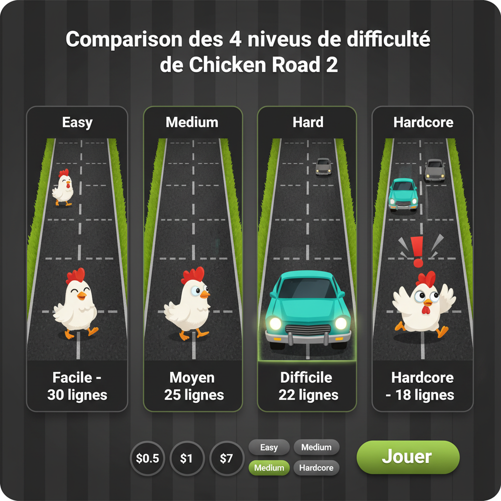 Comparaison des 4 niveaux de difficulté de Chicken Road 2